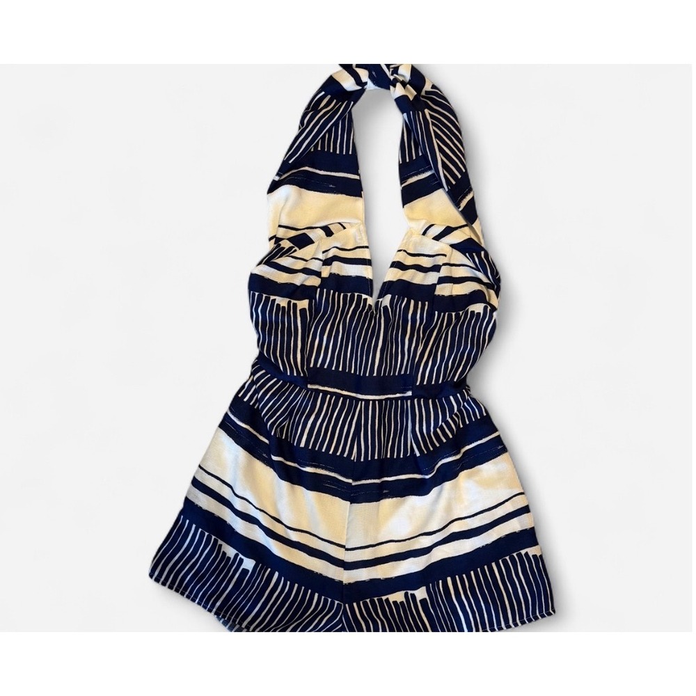 Lulus Navy Blue White Striped Halter Romper Large V-Neck Pleated Summer Short